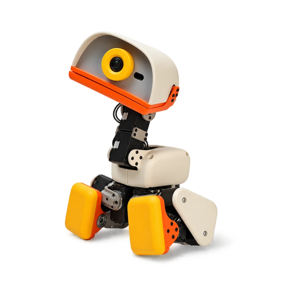 Seated studio view of Pollen Robotics Microduck in Cream