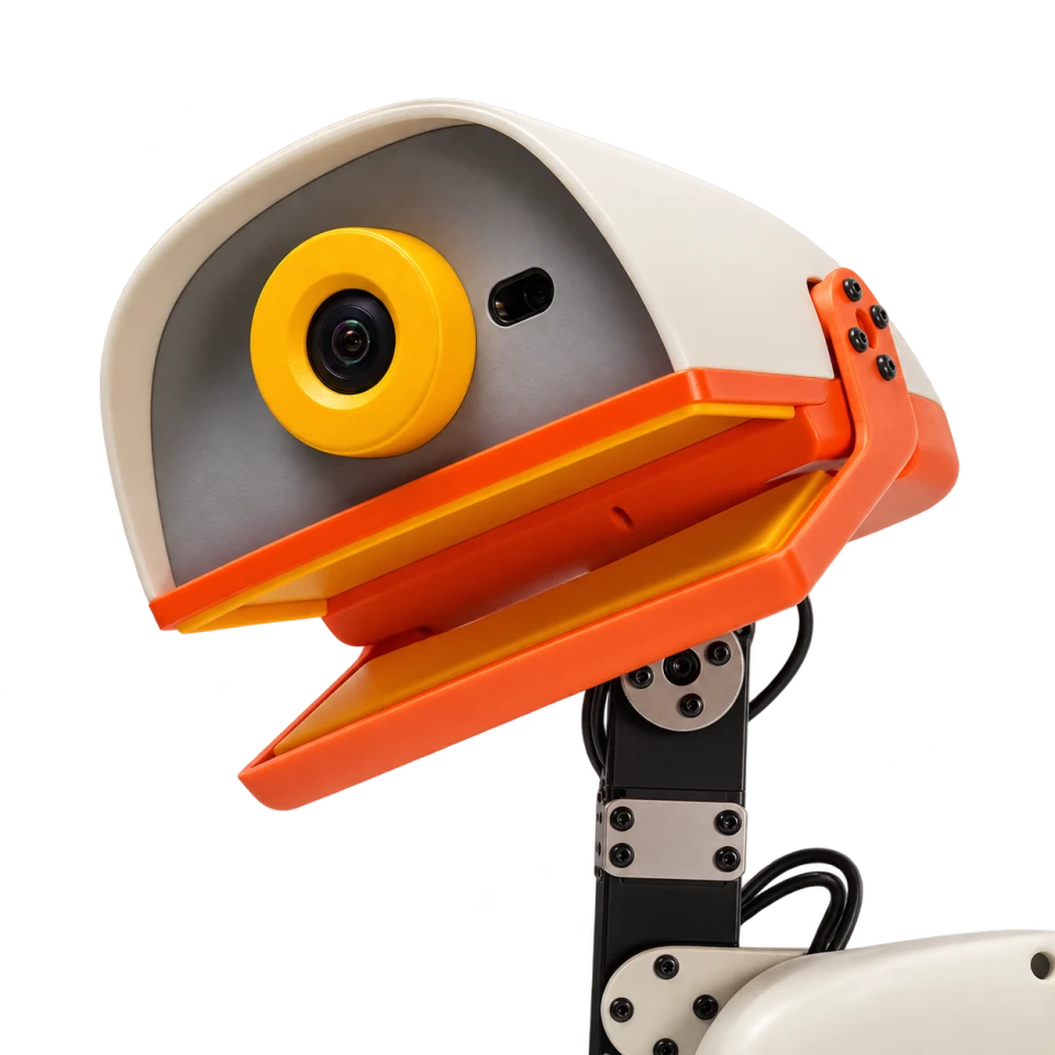 Close-up of Microduck’s camera, open beak and neck servos